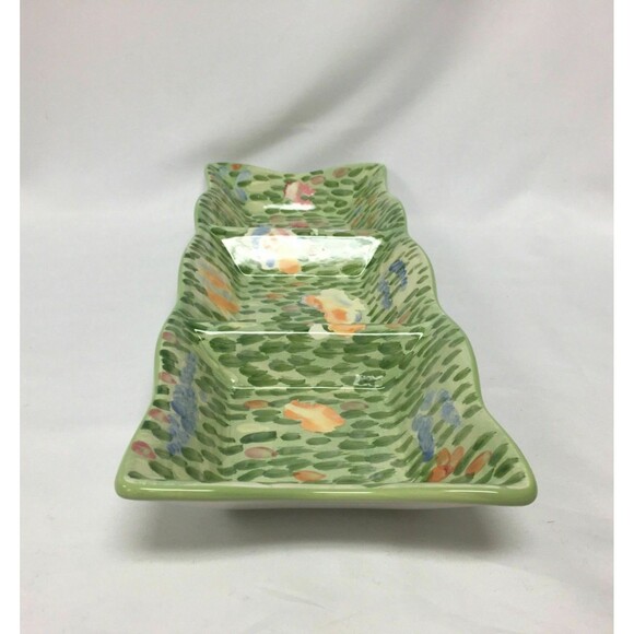WCL Green Divided 3 Serving Dish Tray Plate 19 1/4 x 7 x 2 Floral Rectangle - Picture 7 of 7